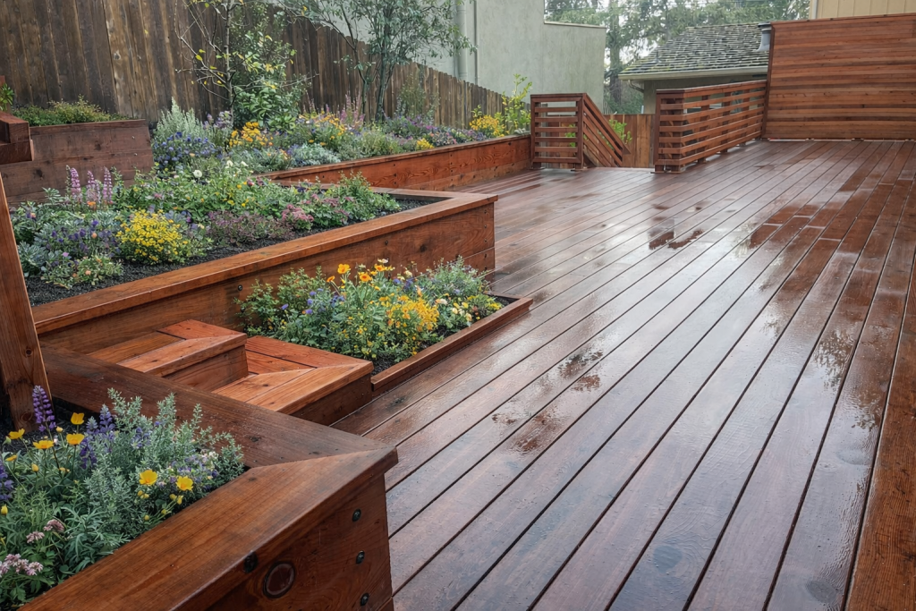 3D rendering of redwood deck design with planter boxes and landscaping concept for a Monterey County home